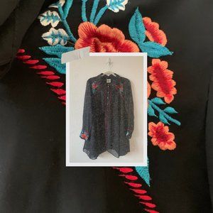 Western Style Embroidered Floral Shirt Dress with Sheer Long Sleeves